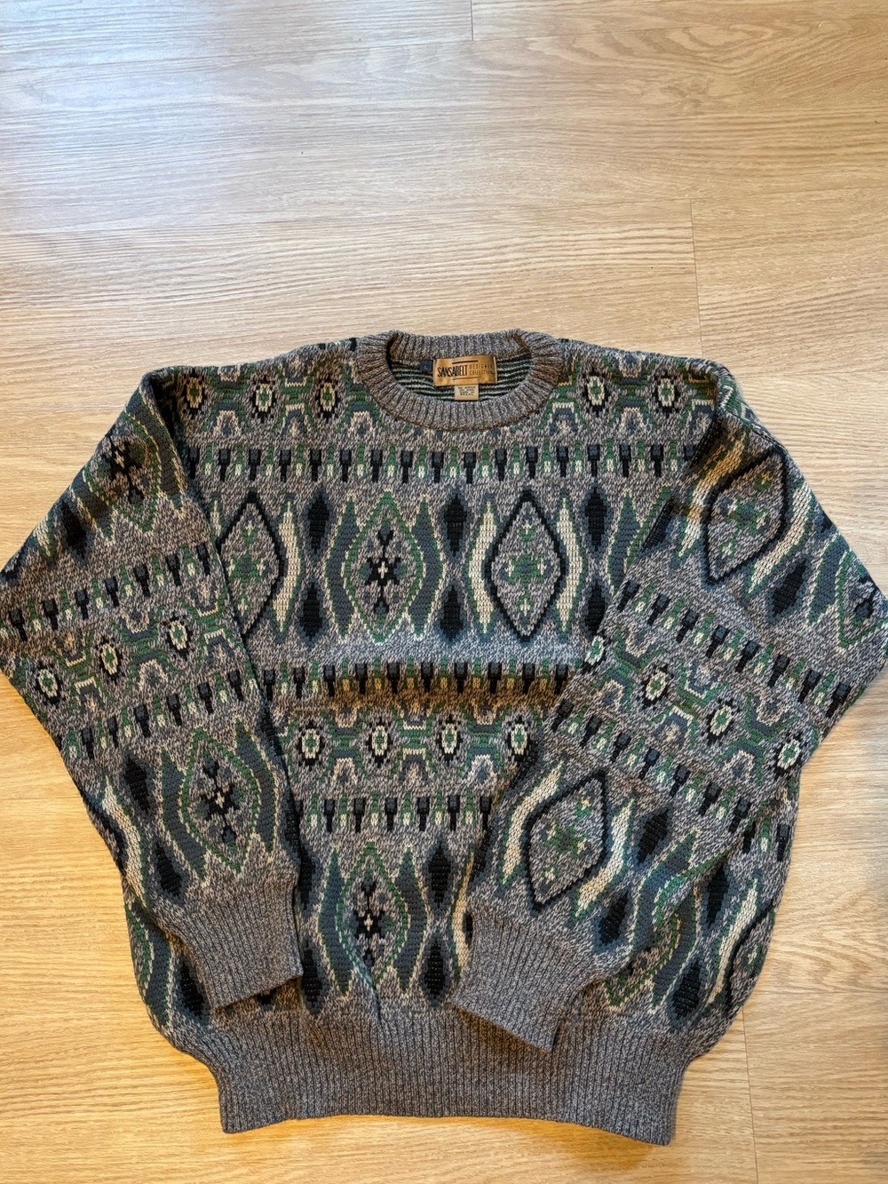VTG Sansabelt Men’s Sz L Wool Blend Sweater 90s Geometric Pattern Green Gray